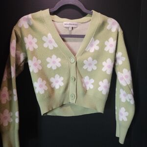 Women's Green Floral V-Neck Cardigan Sweater